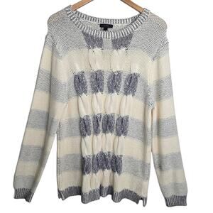 J Crew Womens Sweater Placed Cable Knit Cotton Cream Gray Stripes SZ XL Preppy